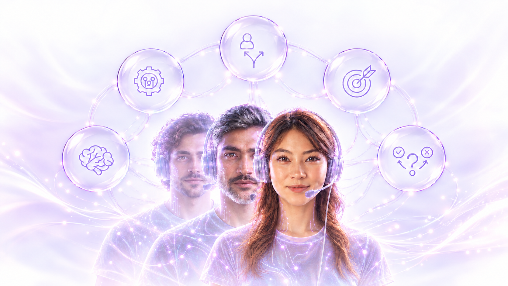 Drei Personen mit Headsets, hintereinander gestaffelt, mit violetten Lichteffekten und fünf Glassymbolen. KI-generierte Illustration.